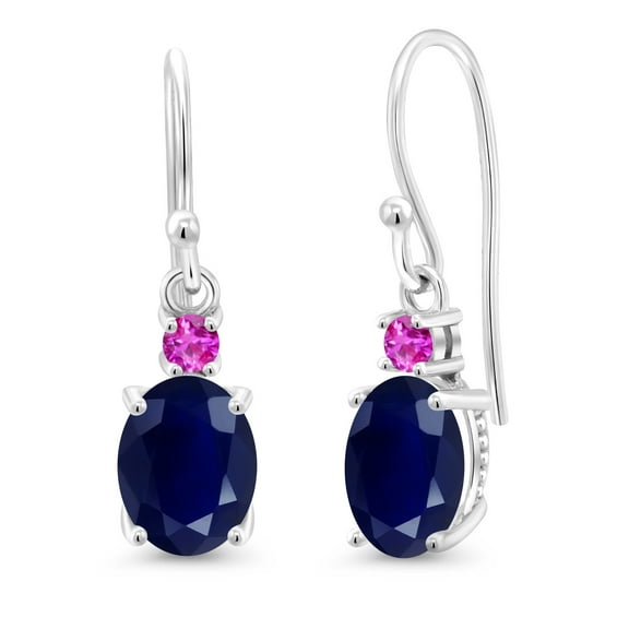 Gem Stone King 10K White Gold Blue Sapphire and Pink Sapphire Dangle Earrings for Women (3.74 Cttw, Gemstone Birthstone, Oval 8x6mm)