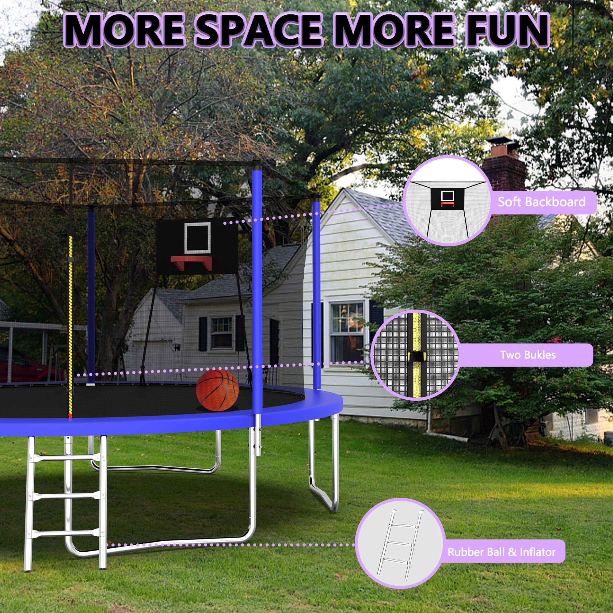 CASEMIOL 14FT Trampoline Outdoor for Kids and Adults, 1000 LBS Weight Capacity, with Enclosure Net, Basketball Hoop, and Ladder – Recreational Trampoline for Family Fun, Blue