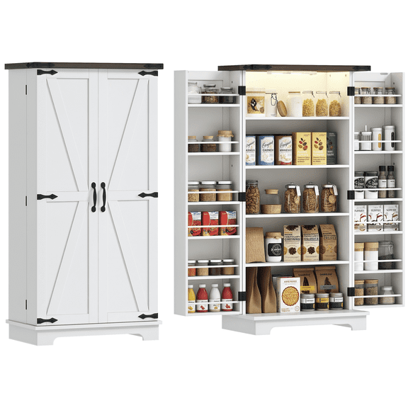 47" Kitchen Pantry Cabinet with LED Light, White Farmhouse Cabinet with Adjustable Shelves & Barn Door, Kitchen Storage for Kitchens, Dining Rooms