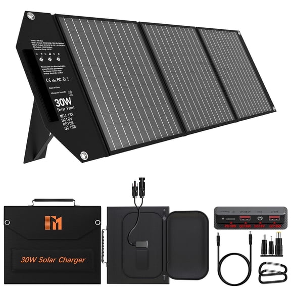 Mesuvida 30W Portable Solar Charger Foldable Solar Panel with USB C and USB A 18V DC MC4 for Camping Backpacking Travel Fast Charging for iPhone LG Cell Phone Power Bank Generator Power Station