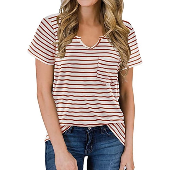 lulshou Womens Short Sleeve Tops Women Fashion Stripe Print V-Neck Pocket T-shirt Tops Short Sleeve Loose Blouse L