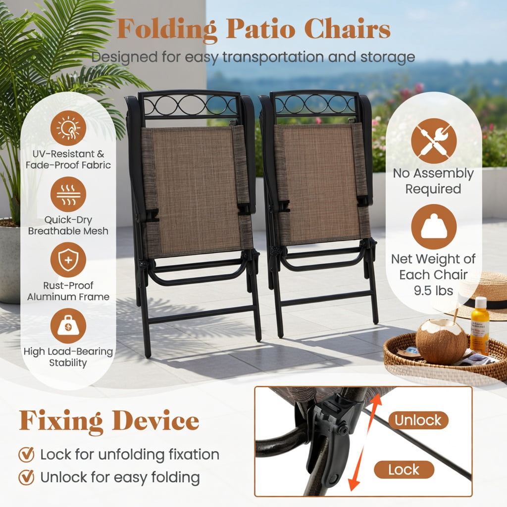 Hommoo 3-Piece Outdoor Bistro Set, Foldable Metal Patio Chairs + Round Tempered Glass Table with 1.57" Umbrella Hole, Compact for Balcony, Porch & Small Spaces, Brown & Black