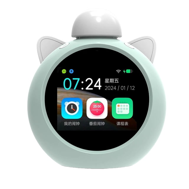 Green Smart Alarm Clock with 2.8-inch HD Screen, 1500mAh Battery - Voice & Knob Controlled Educational Learning Machine for Kids, featuring Timetable Reminder, Weekly Weather Forecast, and Parent