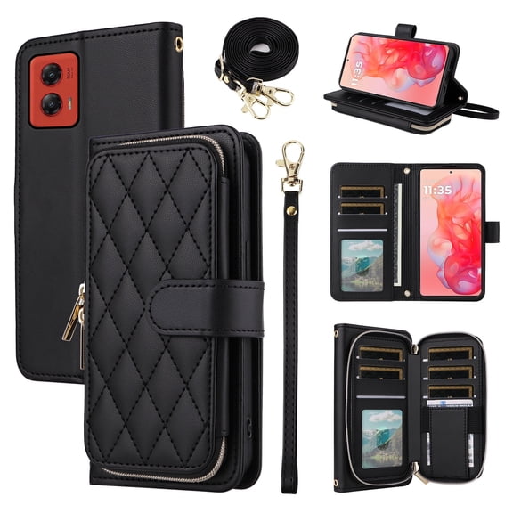 Furiet Argyle Wallet Case for Motorola Moto G Stylus 5G 2024 with Wrist Strap Shoulder Strap Card Slots Zipper Purse Luxury PU Leather Stand Checkered Cell Phone Cover for G5 Women Girls Black