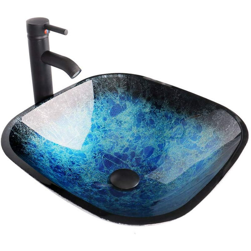 ELECWISH Square Tempered Glass Bathroom Vessel Sink Artistic Square