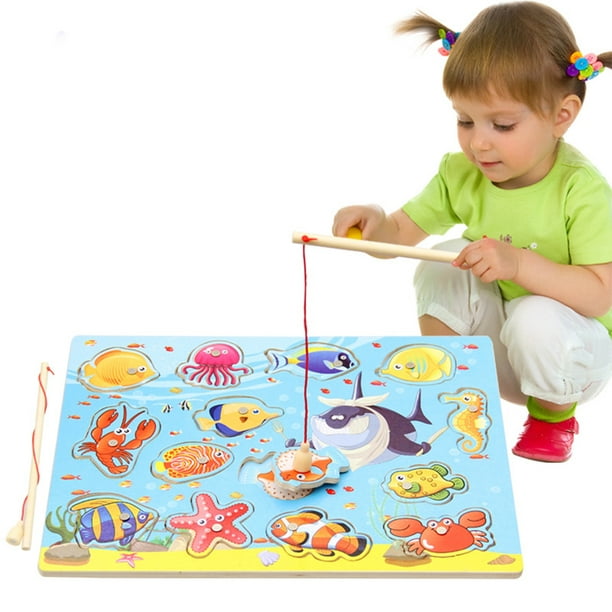Ourlova Children Wooden Magnetic Fishing Toy With 2 Fishing Rod Educational Puzzle Toy Cute Play-House Toys Gift 17781#ocean Fishing
