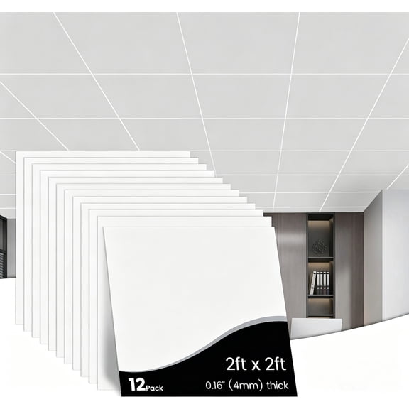 12-Pack White Drop Ceiling Tiles 2x2 Ft, PVC 24x24 Inch, Waterproof Fire-Rated, Reusable Smooth Ceiling Panels, Covers 48 Sq Ft