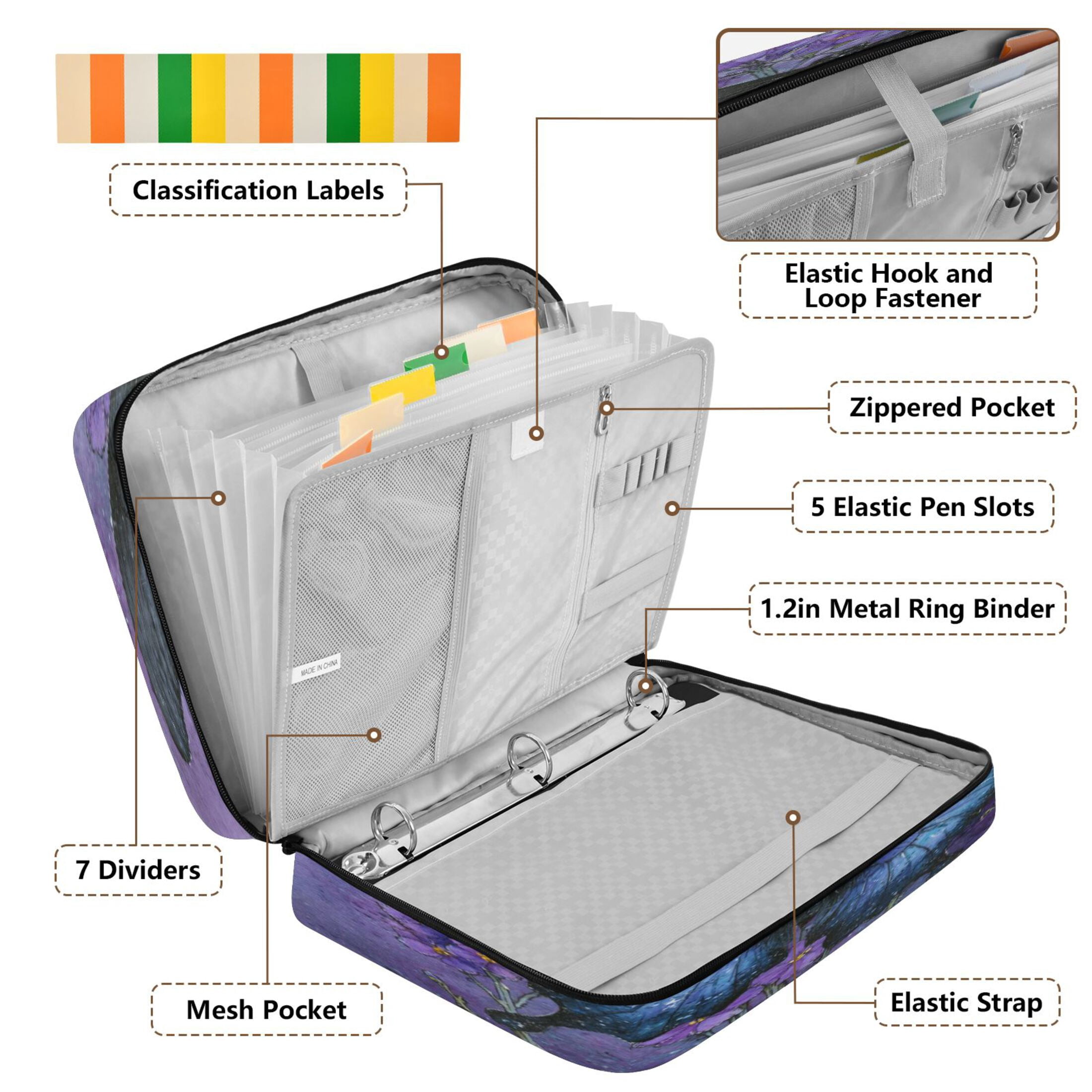 3 Ring Zipper Binder with Accordion File Organizer Waterproof Back to College Binder - 7 Layer Document Organizer for Study Home Office College Travel Supplies Black Blue Butterfly