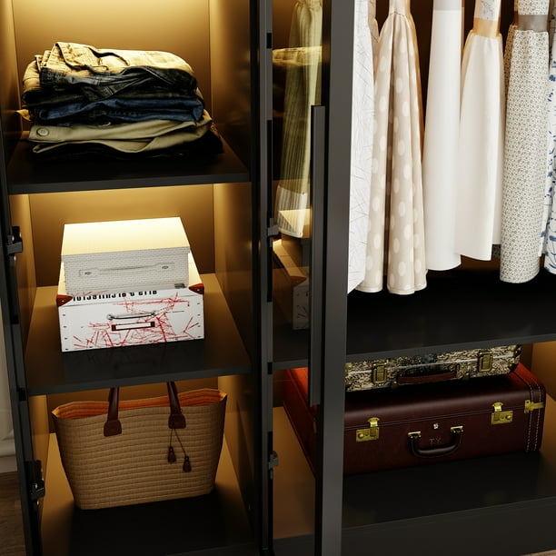 OxyLife Wardrobe Closet with Glass Door and LED Light, 74.8