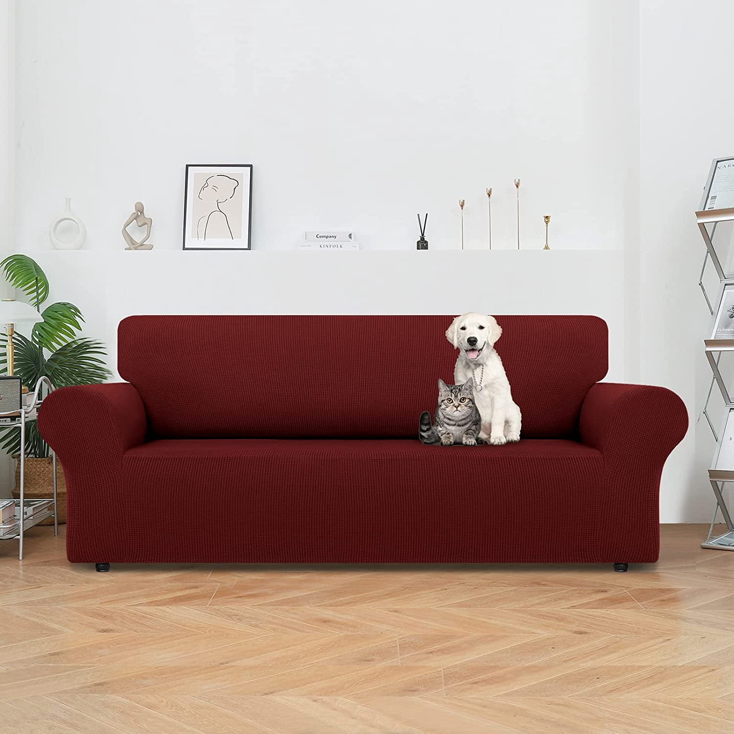 XmhyTop Stretch Sofa Slipcovers Couch Covers for 3 Cushion Washable Non - Slip Couch Sofa Cover with Elastic Bottom - Pet Friendly Furniture Protector (Large,Wine Red)