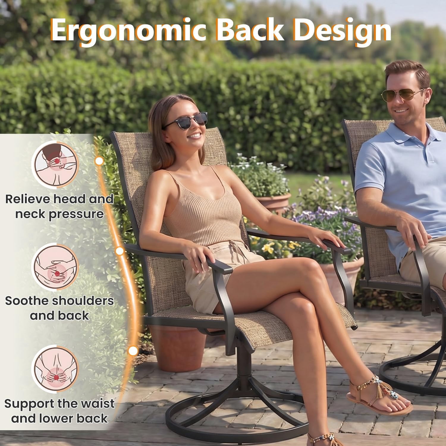 Erinnyees Patio Swing Dining Chairs Set of 2, Stackable Outdoor Swing Chairs, All Weather Breathable Textile, Heavy Duty Metal Frame Porch Chairs for Backyard, Lawn (Only Chairs, Brown, Set of 2)