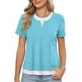 thumbnail image 2 of Babysbule Women's Solid Color Notched V-Neck Short Sleeve T-Shirt Fake Two-Piece Layered Casual Loose Fit Top for Spring Summer Daily Wear, 2 of 6