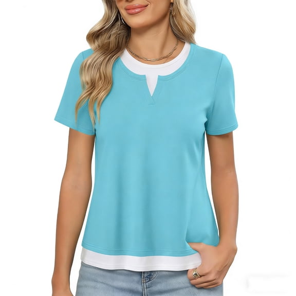 GUACER Women's Short Sleeve Tops Casual Notch Neck Contrast Trim T Shirts Loose Fit Blouses