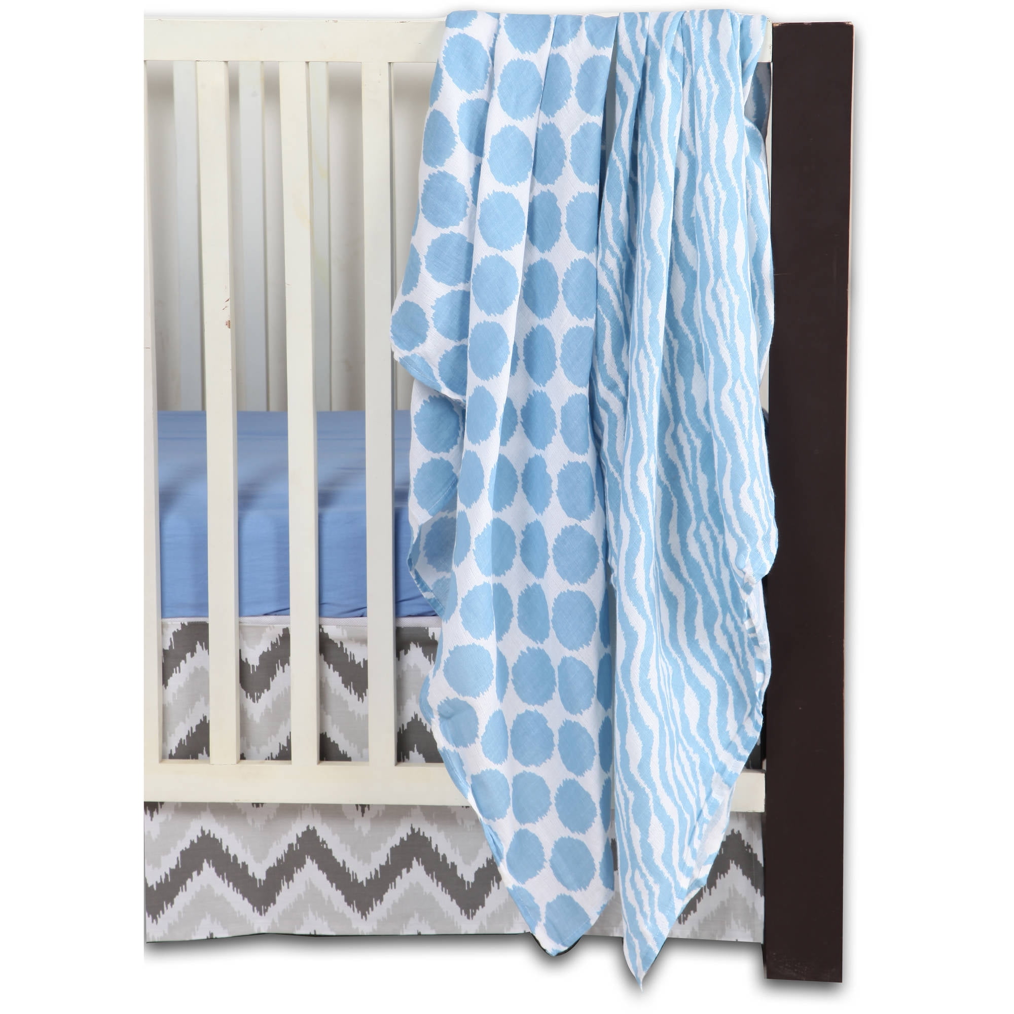 Bacati Ikat Zebra & Dots 4 Piece Crib Bedding Set with 2 Muslin Swaddling Blankets, Blue/Gray