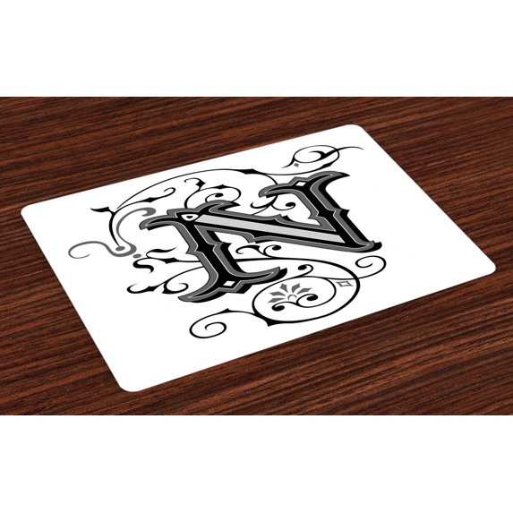 Ambesonne Letter N Place Mats Set of 4, Dark Color Palette N, Standard Size, Black Grey White