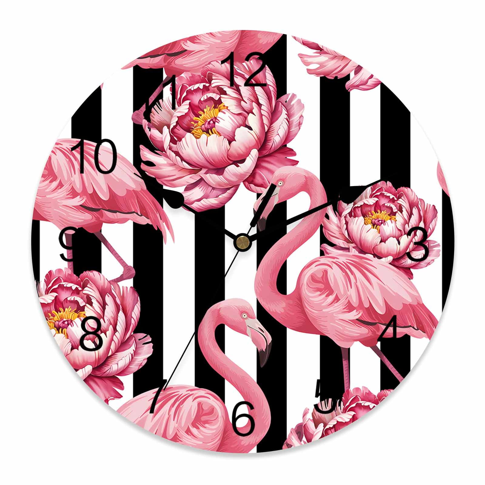Wall Clock Pink Floral Flamingos Clocks PVC Silent Non Ticking Battery Operated Decorative Black