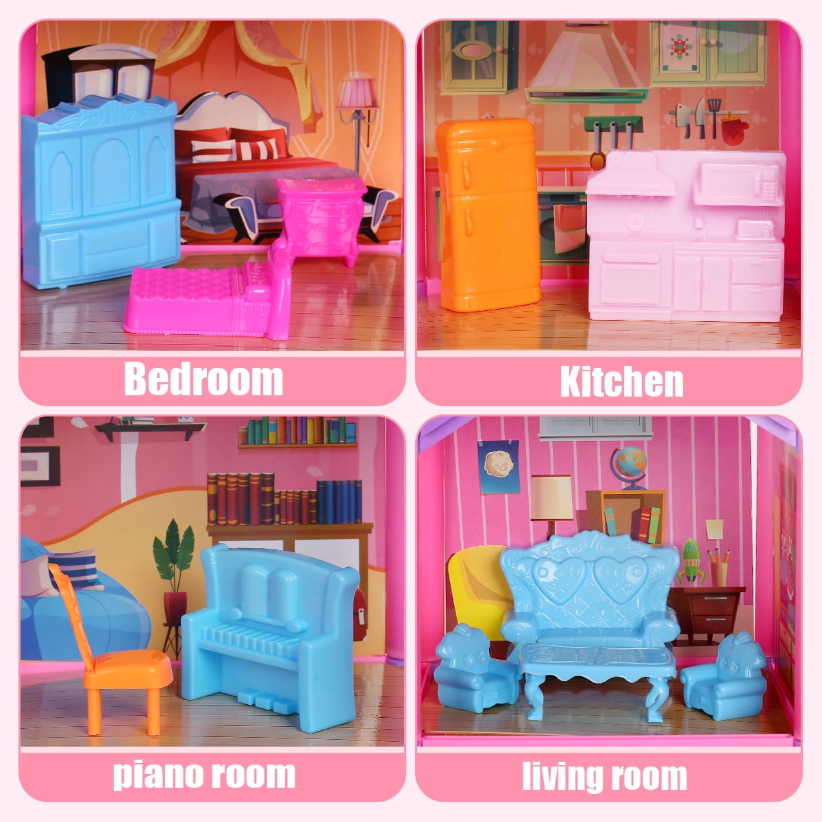 JoyStone DollHouse with Colorful Light, Pretend Play Toddler Doll House  Furniture Sets with 2 Dolls, 4 Rooms DIY Dreamhouse , Creative Gift for  Girls 