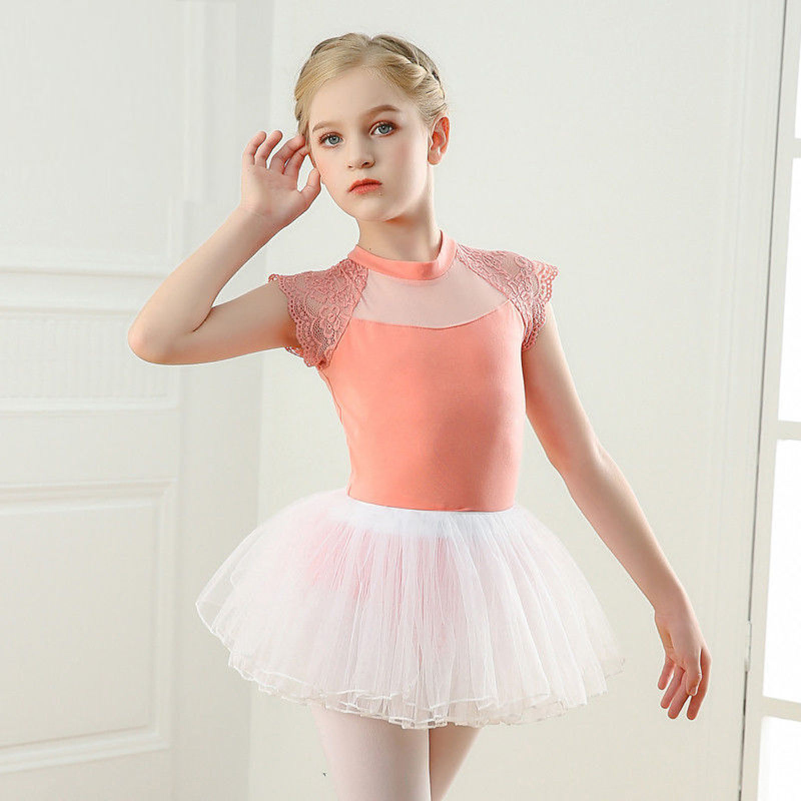 Robe De Ballet Fille Avec Jupe Tulle - Justaucorps Manches Courtes - Coton élastique - Tailles 2 à 13 Ans