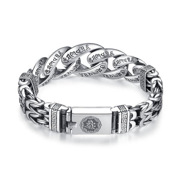 Men's Retro Six-Syllable Mantra Bracelet – Dual Layer Chain with Distressed Silver Design, Spiritual Jewelry for Men