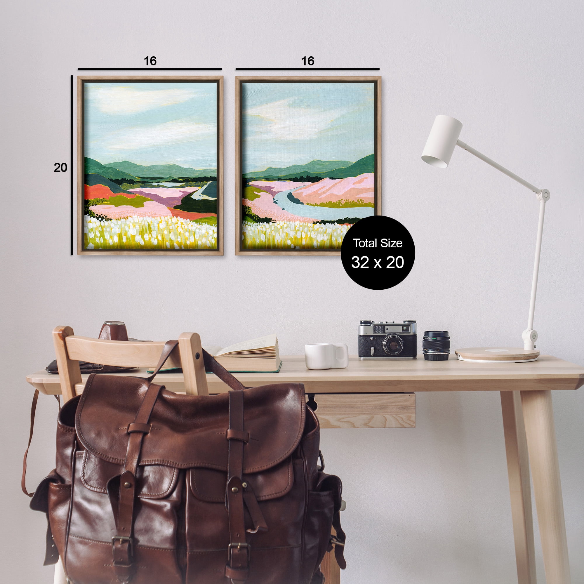 Stupell Industries Mountain Valley Meadow Landscape Painting Brown Floater Framed Canvas Art Print Wall Art, 17 x 21, Set of 2