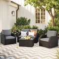 thumbnail image 1 of CorLiving Brisbane 5Pc Resin Wicker and Steel Outdoor Conversation Set with 2 Arm Chairs, Loveseat and Glass Topped Coffee Table, Charcoal/Light Grey, 1 of 12