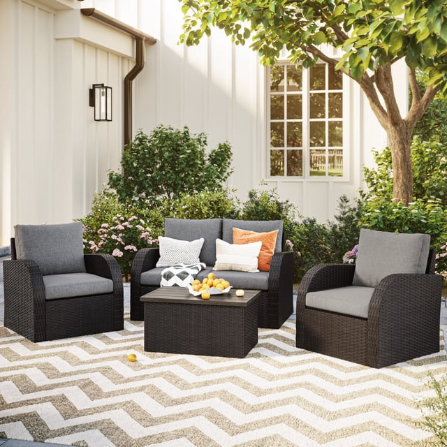 CorLiving Brisbane 5Pc Resin Wicker and Steel Outdoor Conversation Set with 2 Arm Chairs, Loveseat and Glass Topped Coffee Table, Charcoal/Light Grey