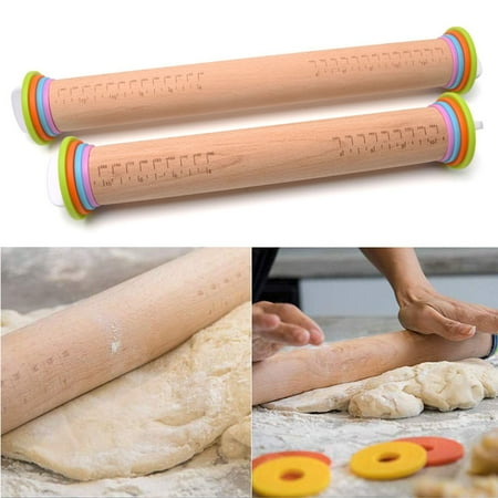 

SPRING PARK Wood Rolling Pin with Adjustable Discs Measuring Ring Marking Flour Stick Dough Rollers Handle with Scale for Kitchen