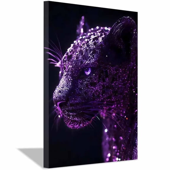 Violet Spotted leopard Side Profile Dark Backdrop Framed Canvas Wall Art,Glam Wildlife Prints Lounge Restroom Study Modern Household Ornament Ready to Hang-12"L x 8"W