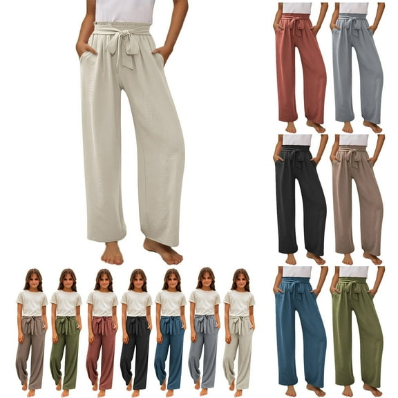 Bnwani Girls Wide Leg Pants Girls Pants Casual Lace Up High Waist Pant Loose Long Trousers Size 4-14 Beige