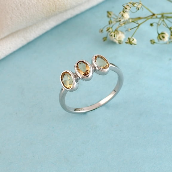 Silver Citrine Ring, Oval Bezel Set Gemstone Ring, November Birthstone, Dainty Gemstone Ring, Stackable Ring, Delicate Gold Ring