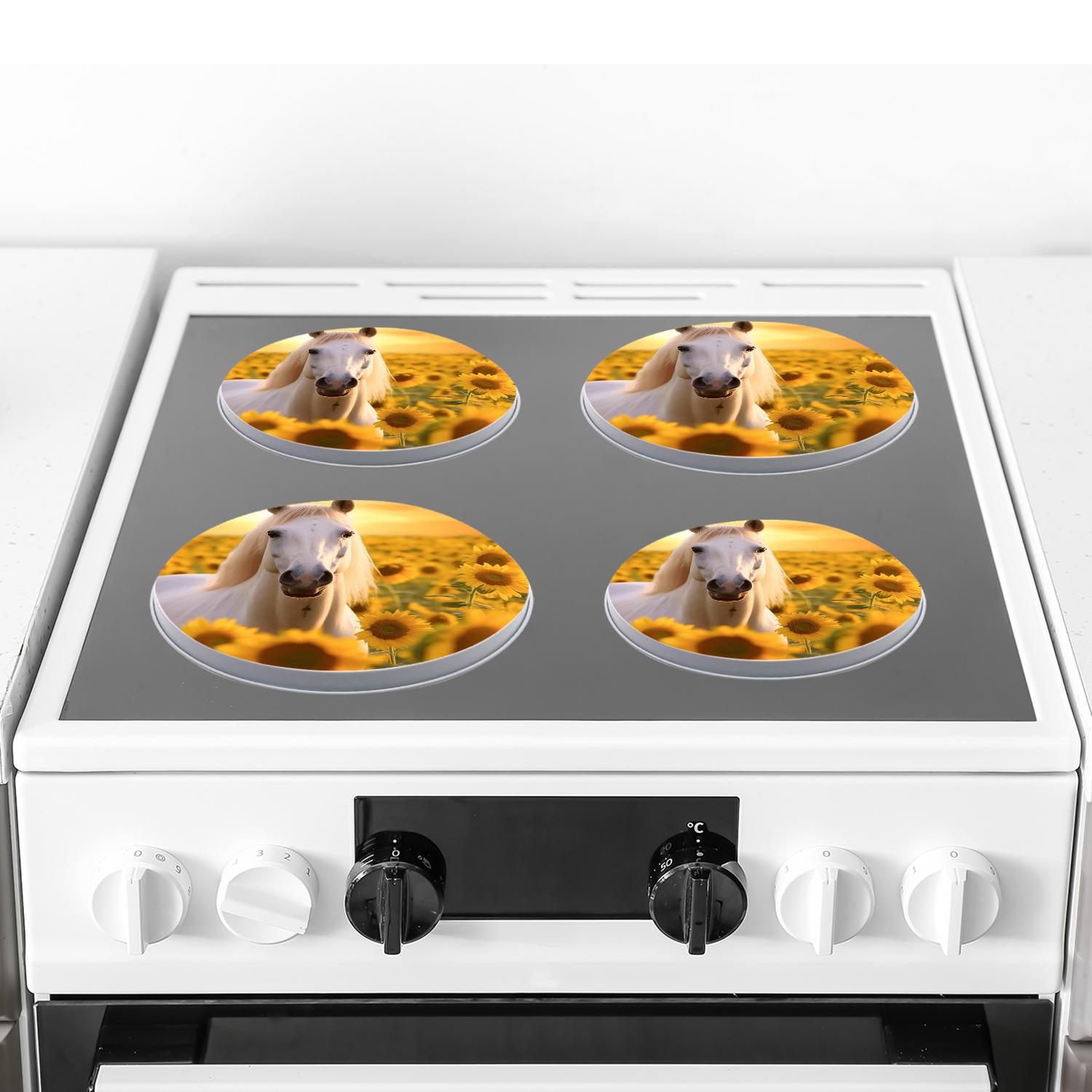 Metal Stove Burner Covers 4 Pcs Metal Round Stove Burner Covers 8Inch And 10Inch ,Horse Sunflowers Sunset multicolor, for Home Decor Cooktop Decorative