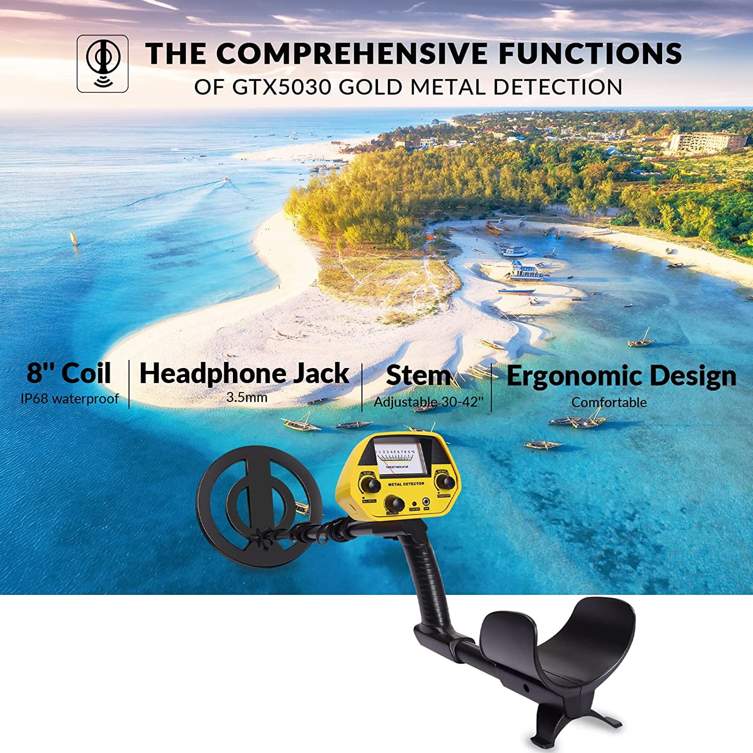 Vemingo Gold LCD Battery Metal Detector, with 33"-42" Adjustable Stem and 8" Waterproof Coil for Kids Adults