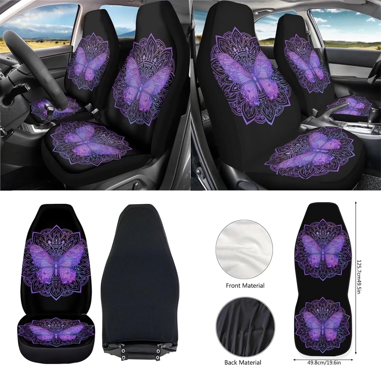 Yuyamidu 12 PCS Car Accessories Purple Butterfly Front Car Seat Covers Set Boho Steering Wheel Seat Belt Covers Armrest Pad Trash Bin Sunglass Pocket Rear View Mirror Cover Cup Coasters Key Chain