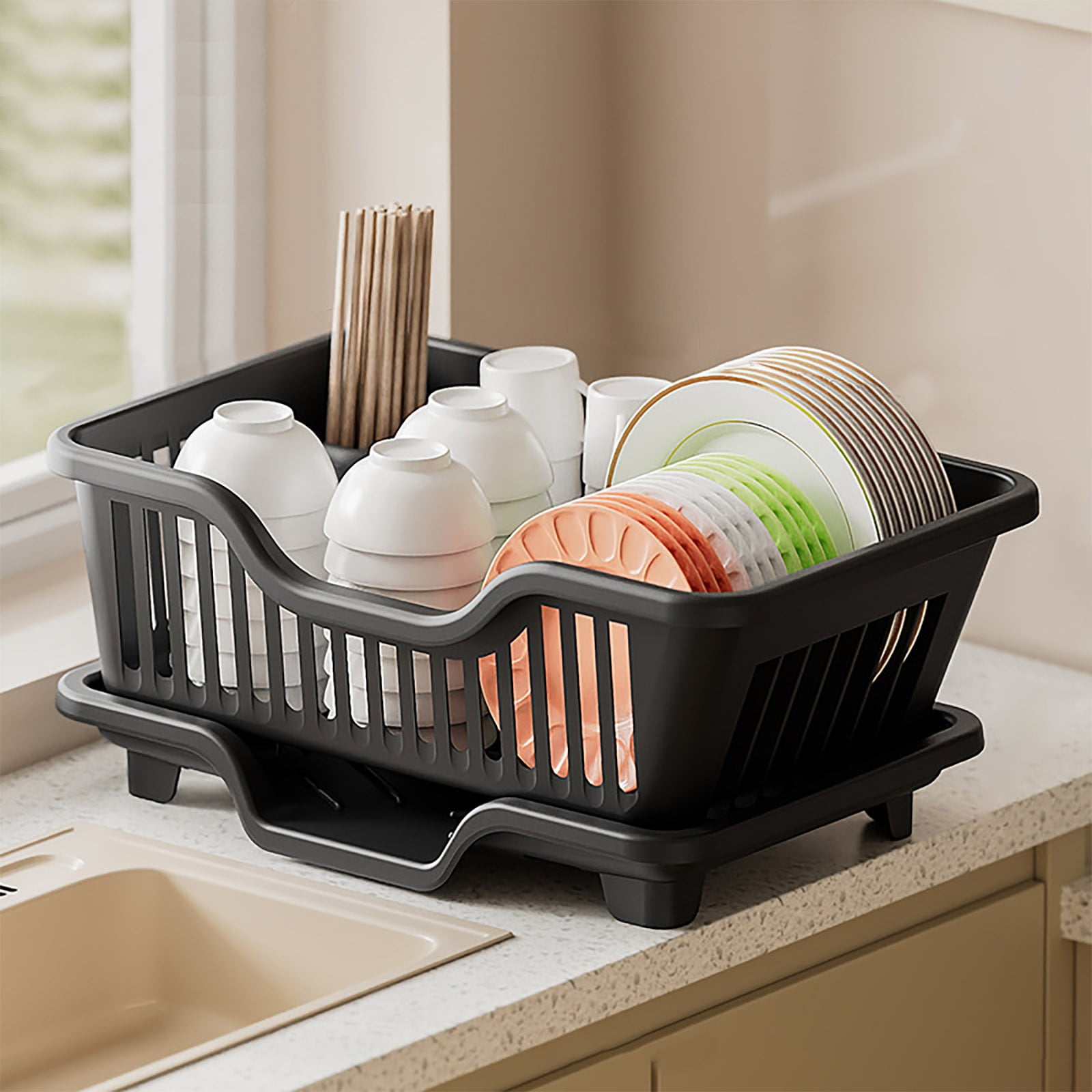 Kitchen Drain Rack, Ongmies Dish Drying Rack Dish Strainers Cutlery Holder Utensils Holder Dish Rack and Drainaboard Set for Kitchen Countertop Dining Room Restaurant Dark Gray, Black