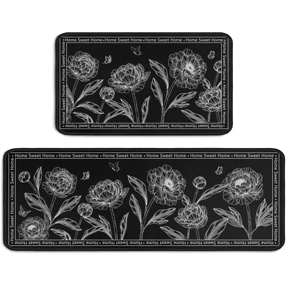 2 Pieces Black Sunflower Kitchen Decor Rug Set, Washable Waterproof Non-Slip Kitchen Mats and Kitchen Sink Runner Rug, Indoor Farmhouse Style Decoration 17"x47" 17"x30"