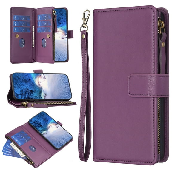 K-Lion for Samsung Galaxy A42 5G Case Wallet for Women Men with 9 Card Slots, Samsung Galaxy A42 5G Wallet Case with Wristlet Strap, Zipper Pocket PU Leather Magnetic Shockproof Phone Case,Deep Purple