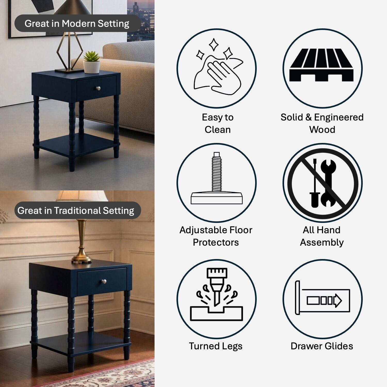 Decor Therapy Sterling Modern Side Table with Storage Drawer, Lower Shelf, Contemporary Legs End Table for Living Room, Navy