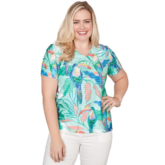 Alfred Dunner Womens Petite Toucan Textured Short Sleeve Tee