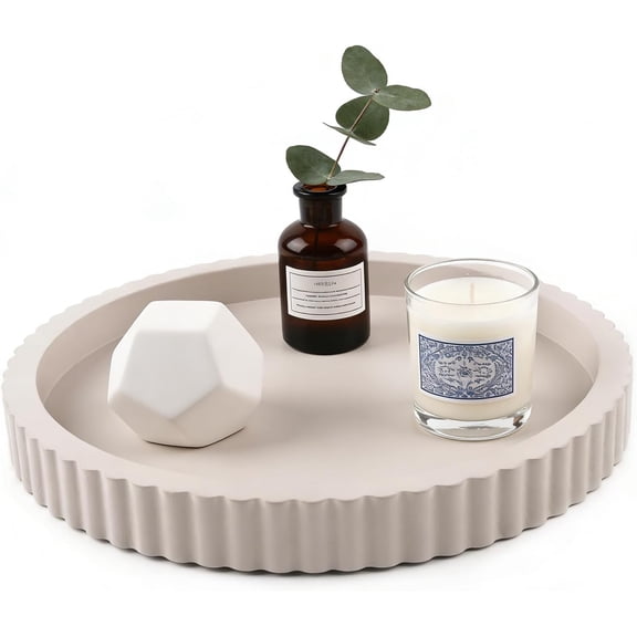 Modern Decorative Tray for Coffee Table, 11" Wooden Gray Beige Round Small Decor Tray for Candle, Perfume, Vanity, Kitchen Island Counter & Table Centerpiece