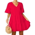 thumbnail image 2 of FANCYINN Women’s Red Cute Shift Tunic Dress Short Bell Sleeve V Neck Causal Swing Red Ruffle Mini Dress with Pockets L, 2 of 5
