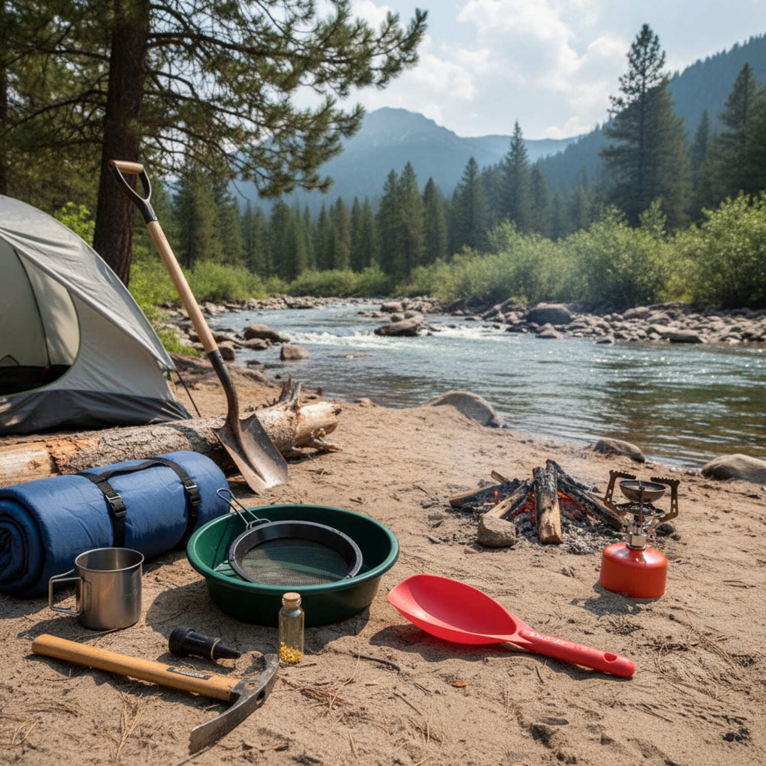 Sluice Fox Sluice Fox backpack gold prospecting kit with classifier: Two spiral gold pans, plastic gold shovel or pay dirt scoop and black sand gold separator magnet (green color set)