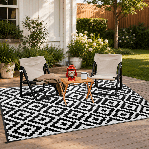 Waterproof Outdoor Patio Rug 9x12 ft Reversible Plastic Straw Black White | Easy-Care,Versatile,UV-Protected & Sturdy,Lightweight