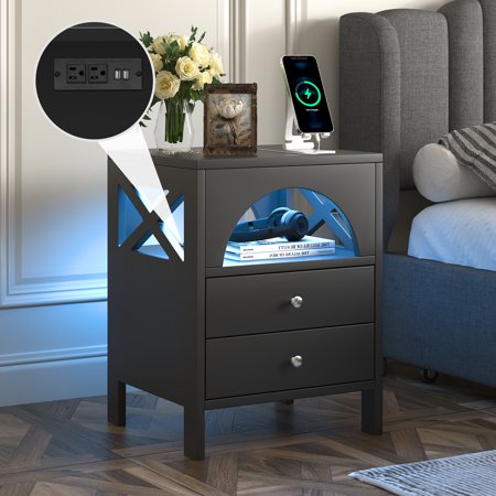 iRerts Side Table with Charging Station, Wood Nightstand with USB Charging Ports, LED Lights, Drawers and Shelf, Modern Storage Bedside Table End Table for Bedroom Living Room, Black