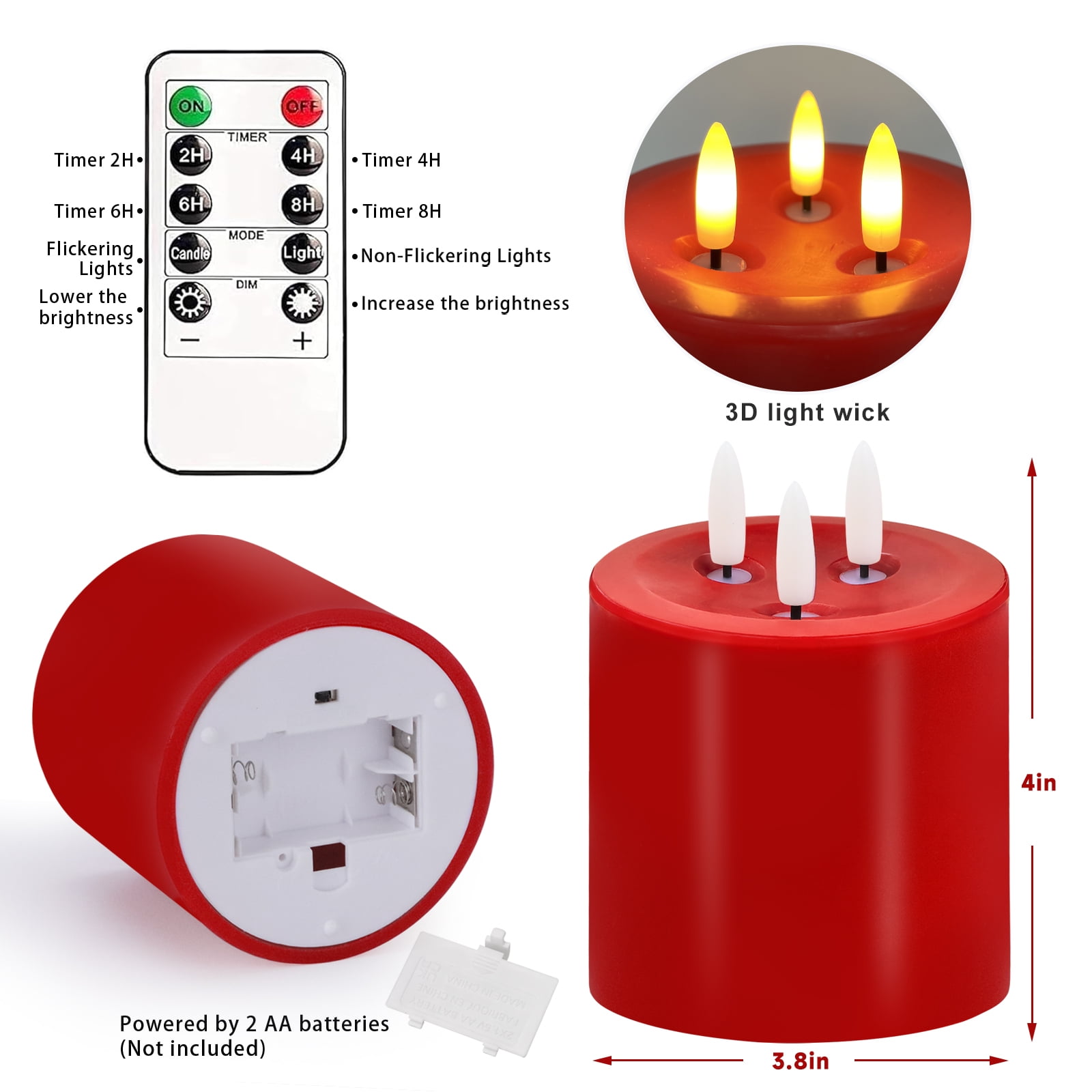 Large 3 Wick Flameless Candles Set of 2,  4"x4" Flickering Flameless Candles with Remote & Timer, Dimmable Real Wax LED Candles Battery Operated, Electric Pillar Candles for Home Xmas Decor