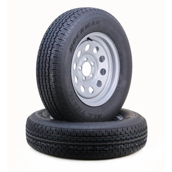 ROCKMAN Trailer Tire Wheel Assembly ST205/75R15 8-Ply D 107M 5 Lug on 5" PCD Silver Mod Rim ,SET 2