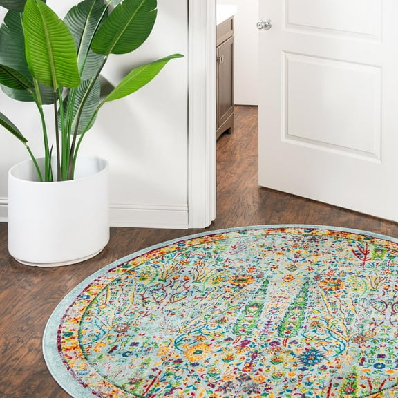 Unique Loom Calypso Collection Area Rug - Kaiso (4' Round Aqua/Navy Blue)
