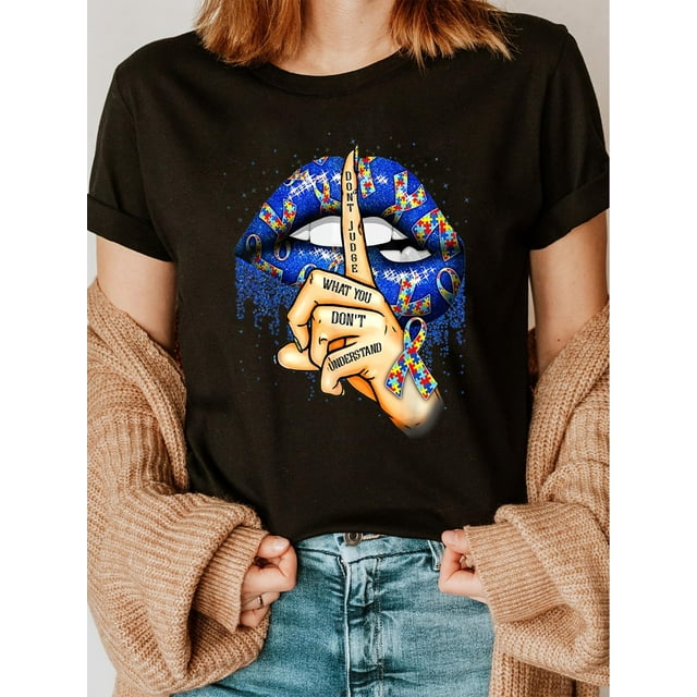 Camiseta de cuello redondo con estampado de concienciación sobre el autismo, top informal de manga corta para verano y primavera, ropa de mujer, top deportivo de ocio.