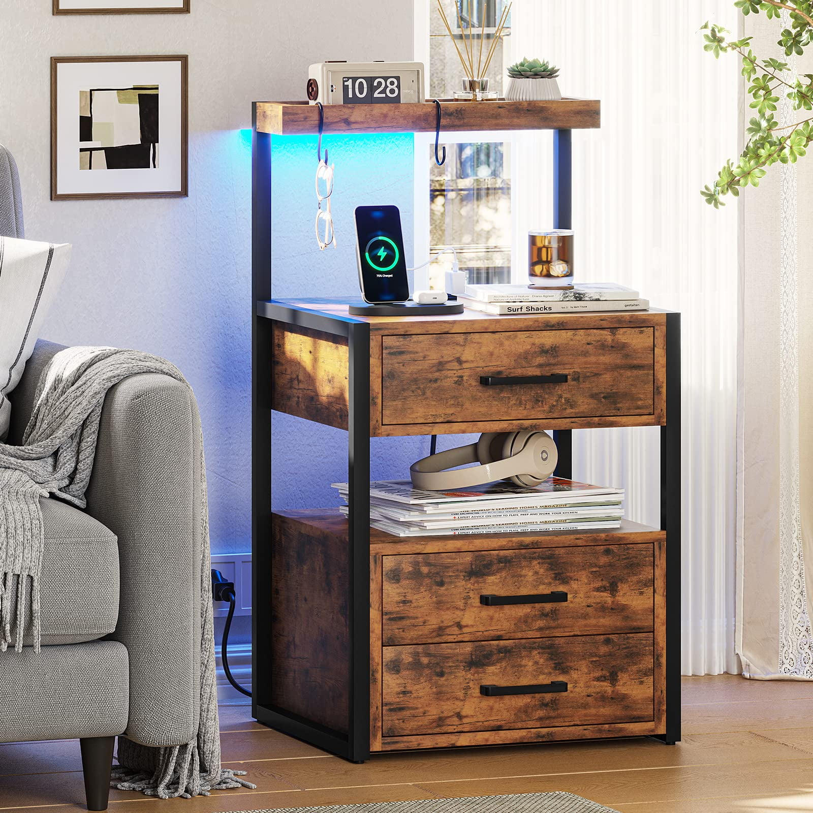 LED Nightstand for Bedroom with LED Lights&Charging Station, Modern End