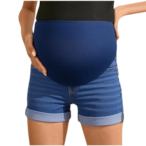 Shorts for Women Belly Hugging Denim Rolled Edges Casual Outerwear Maternity
