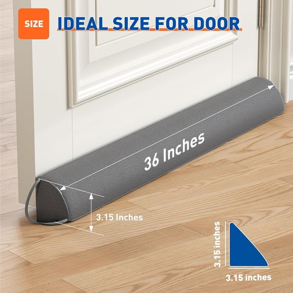 36" Door Draft Stopper, Gray Weighted Triangular Door Snake with Hook & Loop Fasteners, Winter Draft Guard and Noise Blocker for Home Doors